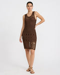 Express Women's Open Stitch Crochet Scoop Neck Midi Sweater Dress in Chestnut Brown