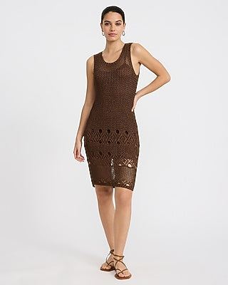 Express Women's Open Stitch Crochet Scoop Neck Midi Sweater Dress in Chestnut Brown