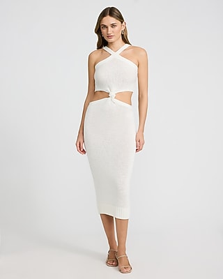 Express Women's Halter Cutout Knot Front Midi Sweater Dress in White Small