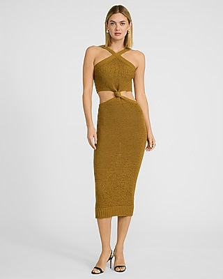 Express Women's Halter Cutout Knot Front Midi Sweater Dress in Yellow Small