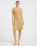 Express Women's V-Neck Short Sleeve Button Front Mini Sweater Dress in Straw Tan