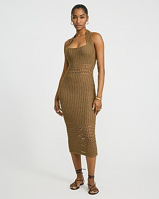 Express Women's Open Stitch Crochet Halter Midi Sweater Dress in Brown Small