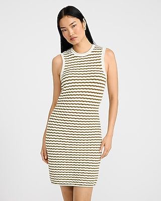 Express Women's Cotton Striped Crew Neck Sleeveless Mini Sweater Dress in Neutral Stripe