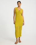 Express Women's Pointelle Scoop Neck Tie Front Keyhole Maxi Sweater Dress in Chartreuse