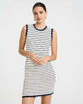 Express Women's Cotton Striped Crew Neck Scalloped Mini Sweater Dress in Indigo Blue