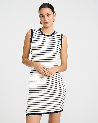 Express Women's Cotton Striped Crew Neck Scalloped Mini Sweater Dress in Indigo Blue