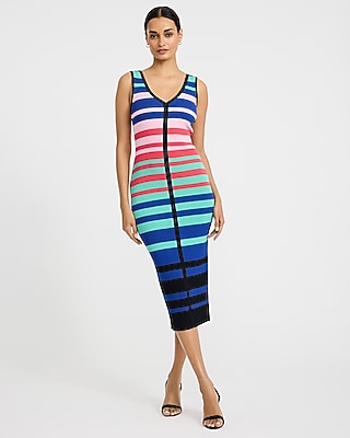 Express Women's Color Block Striped V-Neck Midi Sweater Dress in Multi