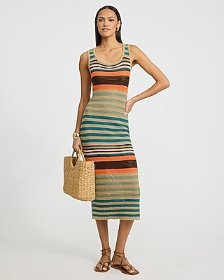 Express Women's Cotton Crochet Striped Scoop Neck Midi Sweater Dress in Straw Tan
