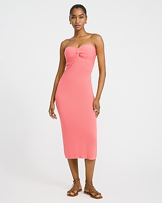 Express Women's Pointelle Strapless Twist Front Midi Sweater Dress in Coral