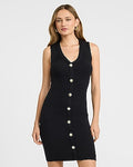 Express Women's Ribbed V-Neck Gold Button Front Mini Sweater Dress in Black Small