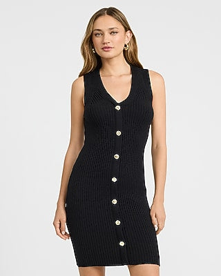Express Women's Ribbed V-Neck Gold Button Front Mini Sweater Dress in Black Small