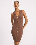 Express Women's Ribbed V-Neck Gold Button Front Mini Sweater Dress in Mocha