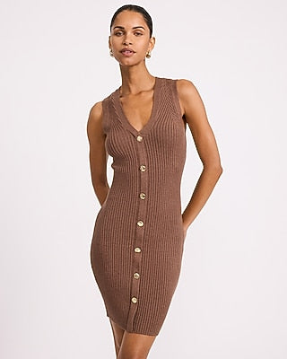Express Women's Ribbed V-Neck Gold Button Front Mini Sweater Dress in Mocha