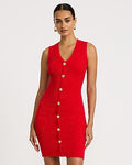Express Women's Ribbed V-Neck Gold Button Front Mini Sweater Dress in Red Small