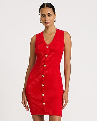 Express Women's Ribbed V-Neck Gold Button Front Mini Sweater Dress in Red Small
