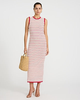 Express Women's Cotton Textured Striped Crew Neck Scalloped Midi Sweater Dress Small