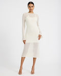 Express Women's Pointelle Crew Neck Long Sleeve Lace Up Midi Dress in Ivory