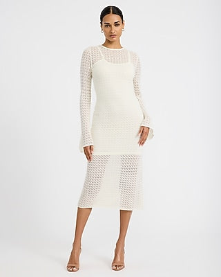 Express Women's Pointelle Crew Neck Long Sleeve Lace Up Midi Dress in White Small
