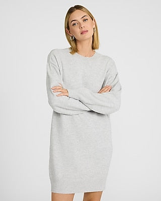 Express Women's Airy Soft Crew Neck Dolman Sleeve Mini Sweater Dress in Gray Small