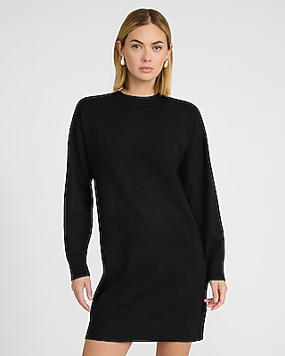 Express Women's Airy Soft Crew Neck Dolman Sleeve Mini Sweater Dress in Pitch Black