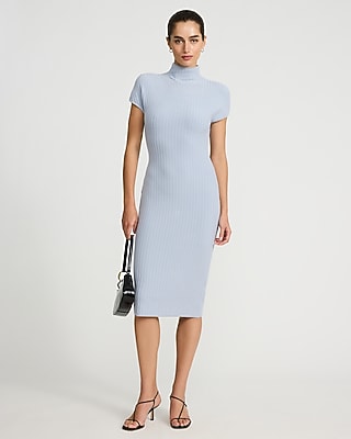 Express Women's Ribbed Mock Neck Short Sleeve Midi Sweater Dress in Light Blue