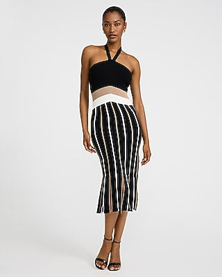 Express Women's Striped Halter Fringe Midi Dress in Black Small