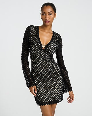 Express Women's Crochet V-Neck Long Sleeve Gold Hardware Mini Dress in Black Small