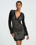 Express Women's Crochet V-Neck Long Sleeve Gold Hardware Mini Dress in Pitch Black