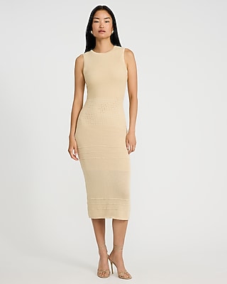 Express Women's Crochet Crew Neck Sleeveless Midi Sweater Dress in Neutral Small