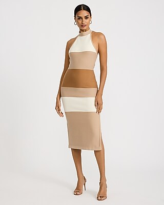 Express Women's Striped Tie Halter Midi Sweater Dress in Neutral Stripe
