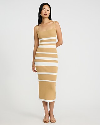 Express Women's Striped Square Neck Midi Sweater Dress in Neutral Small