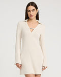 Express Women's Ribbed Knit Hardware V-Neck Collared Mini Dress in Taupe