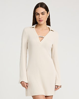 Express Women's Ribbed Knit Hardware V-Neck Collared Mini Dress in Taupe