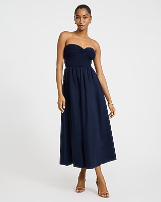 Express Women's Mixed Media Strapless Sweetheart Midi Fit And Flare Dress in Blue Small