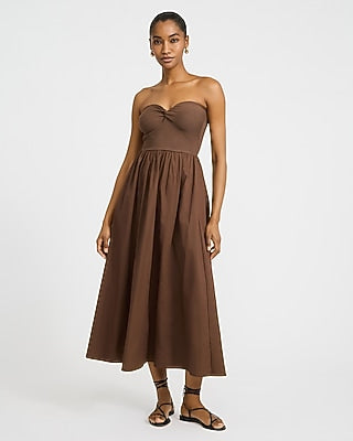 Express Women's Mixed Media Strapless Sweetheart Midi Fit And Flare Dress in Brandy Brown