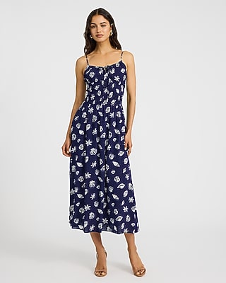 Express Women's Seashell Print Scoop Neck Smocked Midi Dress in Classic Navy