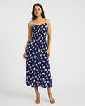 Express Women's Seashell Print Scoop Neck Smocked Midi Dress in Blue Small