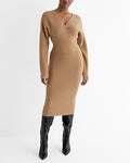 Express Women's Ribbed V-Neck Surplice Midi Sweater Dress in Pecan