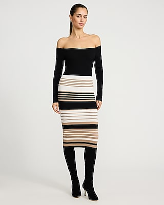 Express Women's Striped Off The Shoulder Long Sleeve Midi Sweater Dress in Neutral Print