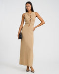 Express Women's Metallic Crew Neck Twist Cutout Maxi Dress in Neutral Small