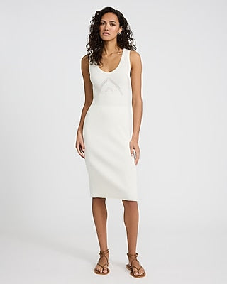 Express Women's Scoop Neck Sleeveless Pointelle Midi Sweater Dress in Ivory