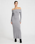 Express Women's Cozy Ribbed Fold Over Off The Shoulder Maxi Sweater Dress in Gray