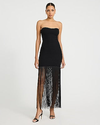 Express Women's Textured Strapless Fringe Maxi Tube Dress in Pitch Black