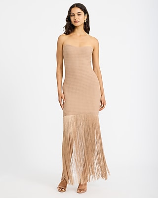 Express Women's Textured Strapless Fringe Maxi Tube Dress in Neutral Small