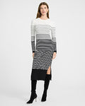 Express Women's Ribbed Striped Crew Neck Long Sleeve Midi Sweater Dress in Black And White Stripe
