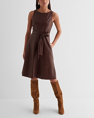 Express Women's Faux Leather Crew Neck Tie Waist Midi Dress in Rich Mocha