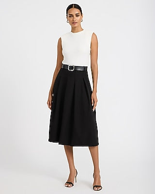 Express Women's Color Block Crew Neck Belted Midi Dress Small