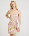 Express Women's Floral Summer-Blend Linen Scoop Neck Tie Wrap Mini Dress in Pink Print