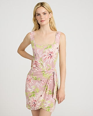 Express Women's Floral Summer-Blend Linen Scoop Neck Tie Wrap Mini Dress in Pink Print
