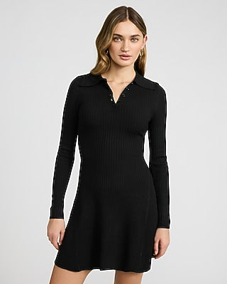 Express Women's Ribbed Long Sleeve Mini Fit And Flare Polo Sweater Dress in Black Small